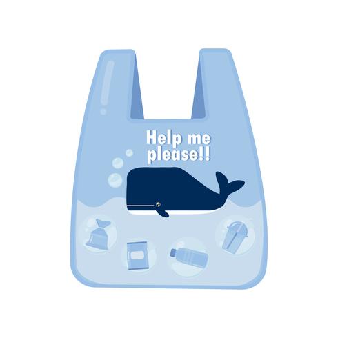 A baleia em um saco plástico diz não ao plástico. Conceito de problema de poluição. vetor