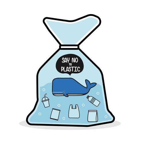 A baleia em um saco plástico diz não ao plástico. Conceito de problema de poluição. vetor