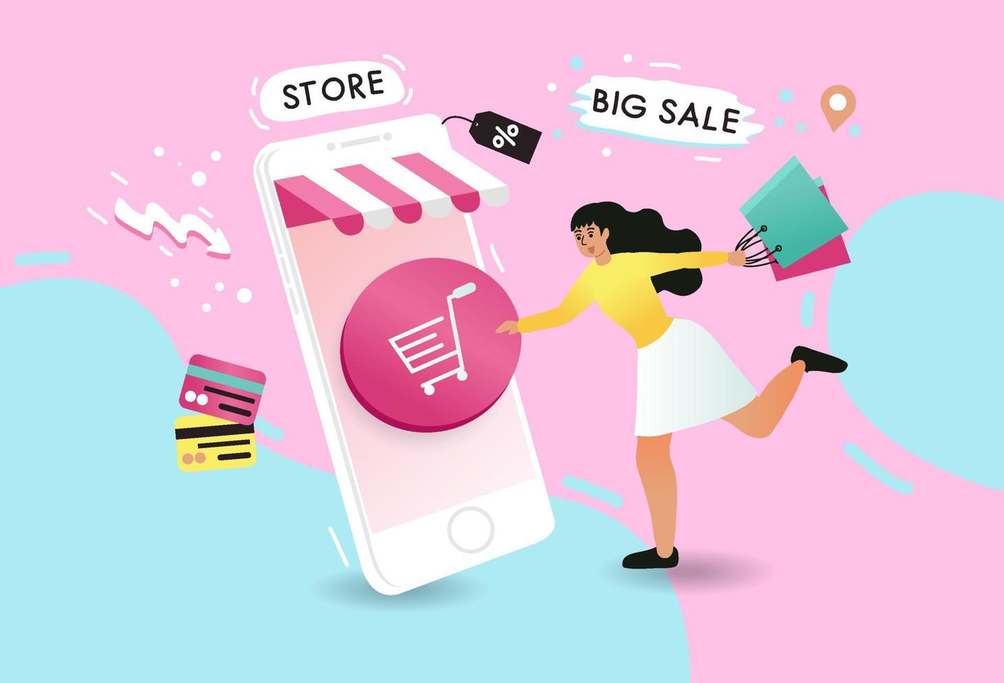 mulheres felizes com compras no celular pagam com cartão de crédito. compras on-line em uma loja on-line em um site ou aplicativo móvel. conceito vetorial adora fazer compras. design para banner de venda, marketing digital. vetor