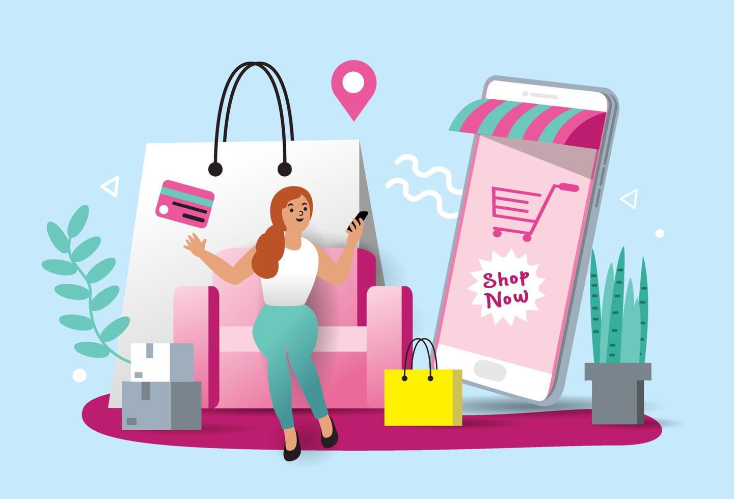 mulheres felizes com compras no celular pagam com cartão de crédito. compras on-line em uma loja on-line em um site ou aplicativo móvel. conceito vetorial adora fazer compras. design para banner de venda, marketing digital. vetor