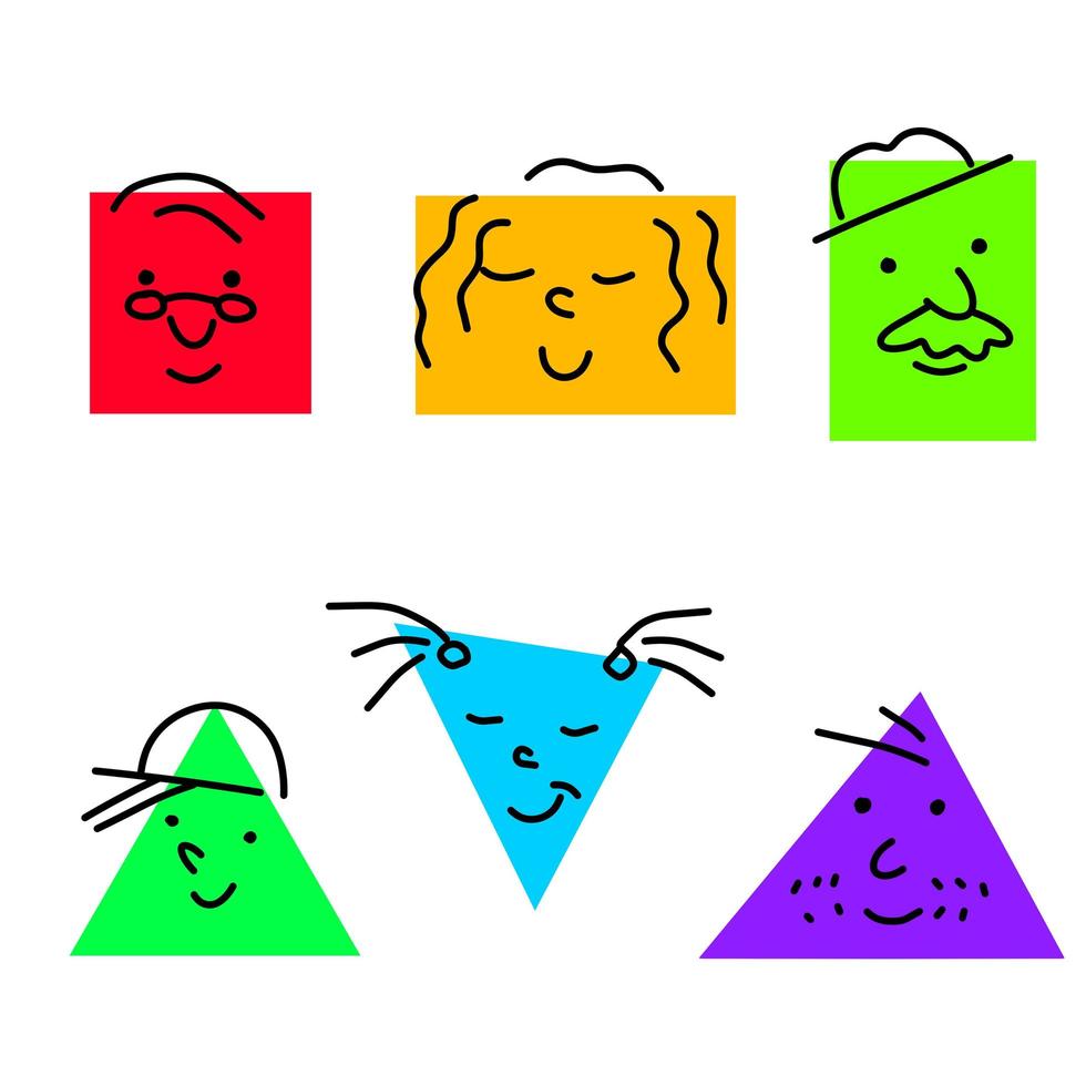 conjunto de várias figuras geométricas básicas brilhantes com emoções de rosto. vetor