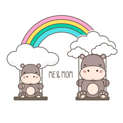 O hipopótamo e o bebê balançam em um arco-íris. vetor