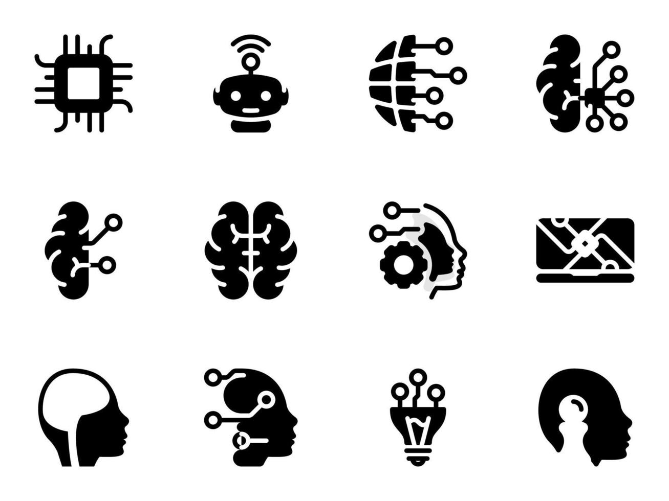 conjunto de ícones do vetor preto, isolados contra um fundo branco. ilustração plana em um tema de inteligência artificial, integração com o cérebro humano. preencher, glifo