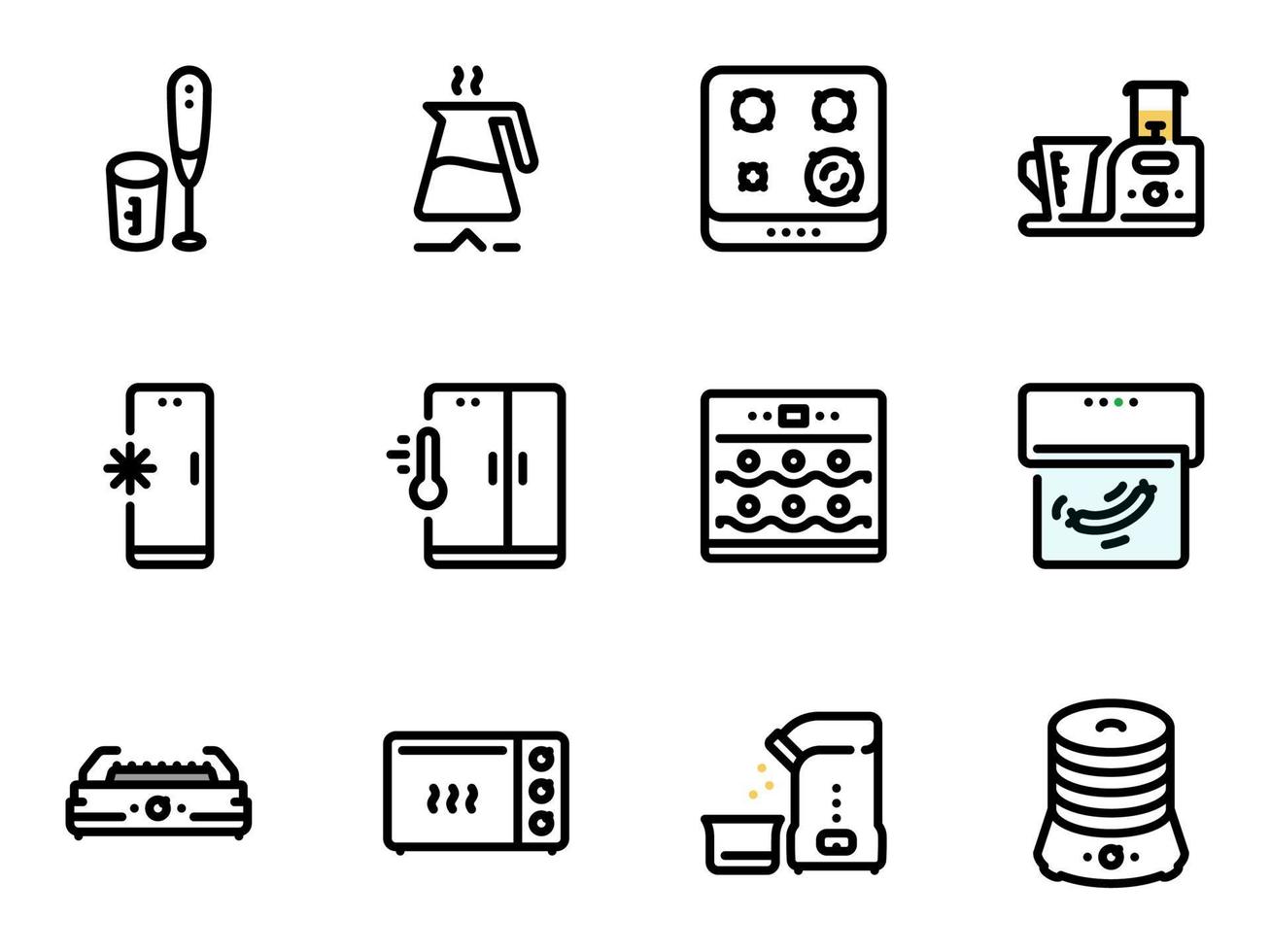 conjunto de ícones do vetor preto, isolados contra um fundo branco. ilustração em um tema utensílios de cozinha