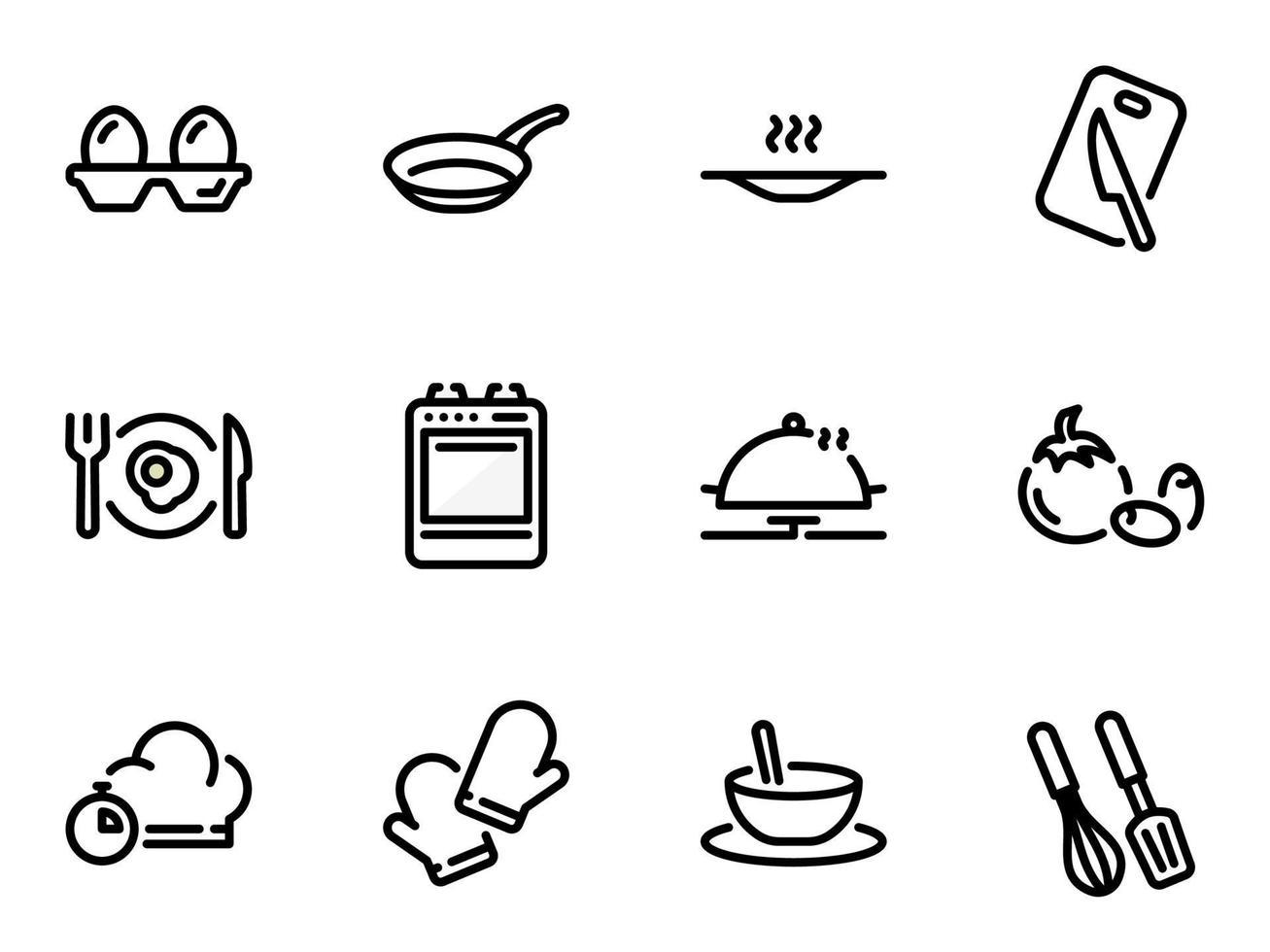 conjunto de ícones do vetor preto, isolados contra um fundo branco. ilustração sobre ingredientes de um tema e processo para fazer ovos mexidos ou café da manhã