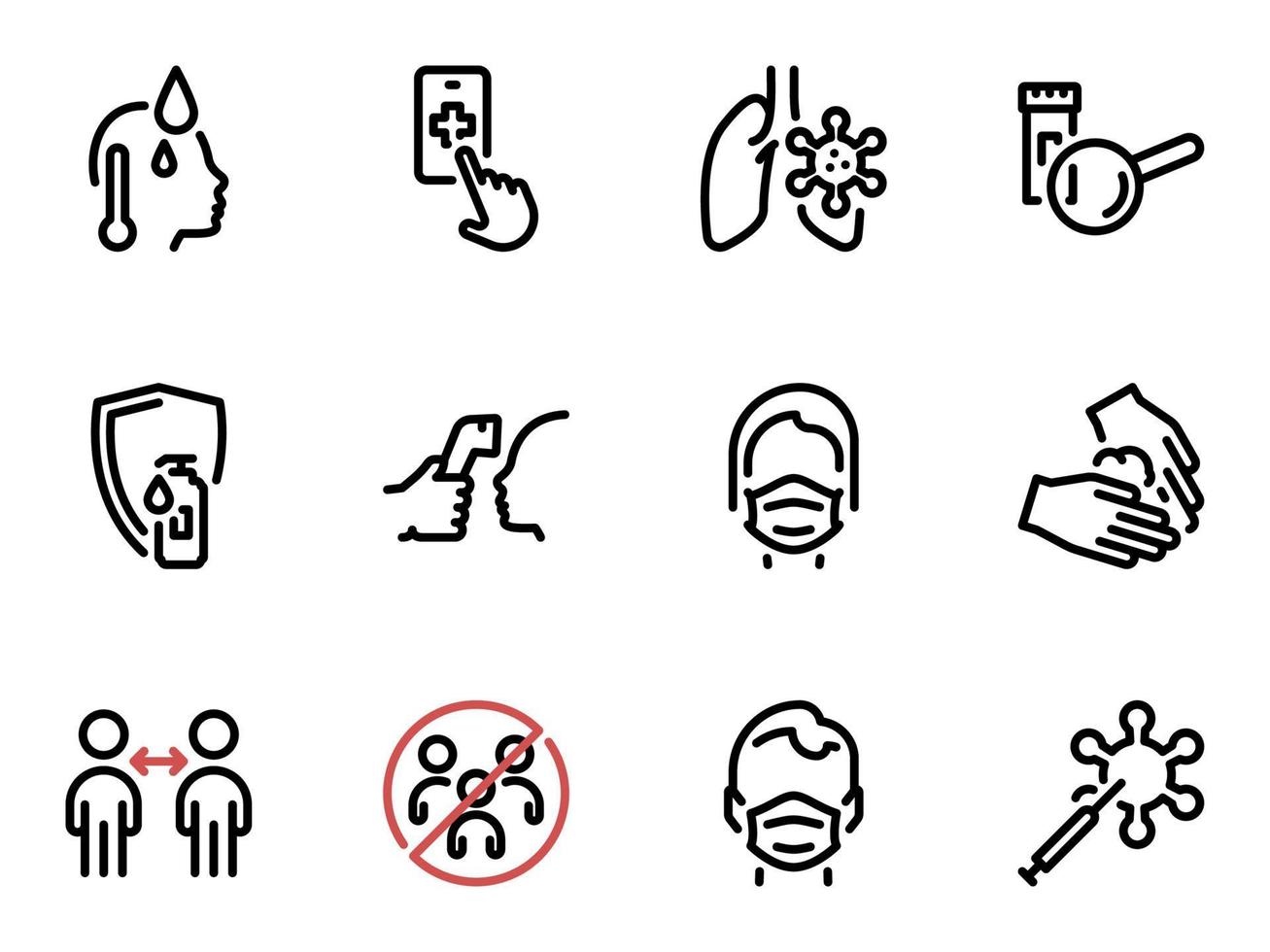 conjunto de ícones do vetor preto, isolados contra um fundo branco. ilustração plana em um tema coronavírus, ajuda, pesquisa e proteção