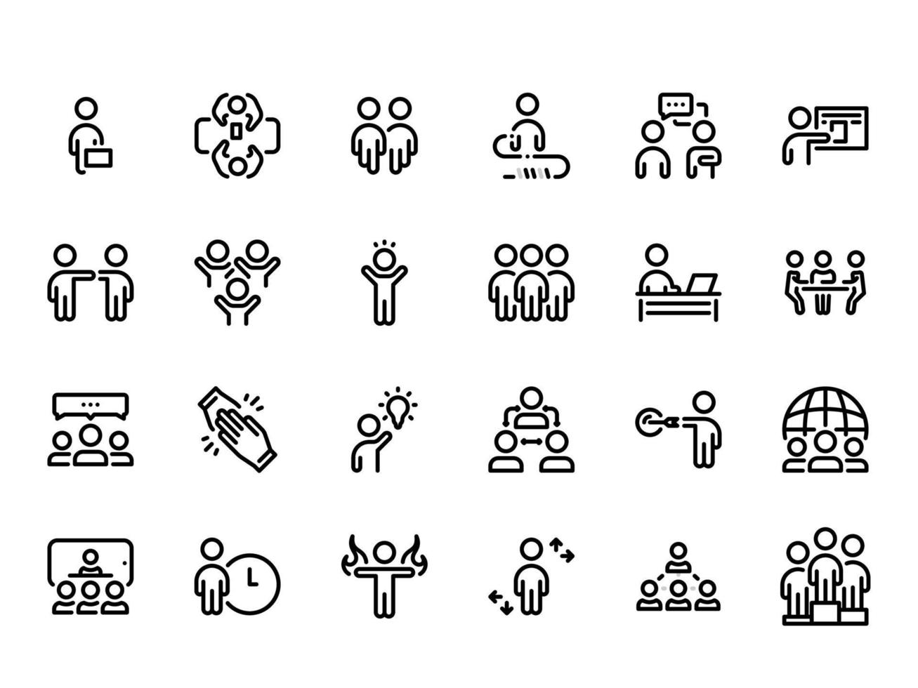 conjunto de ícones do vetor preto, isolados contra um fundo branco. ilustração plana em um tema de comunicação e trabalho em equipe