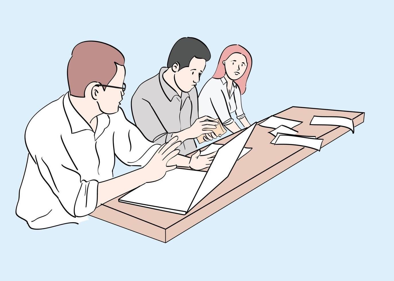 um gerente informa seus colegas de trabalho na mesa do escritório. ilustrações de design vetorial de estilo desenhado à mão vetor