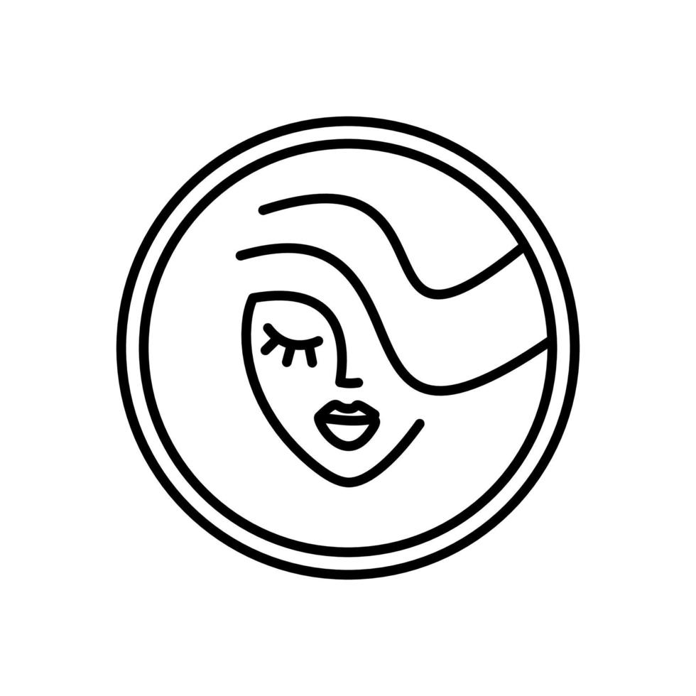rosto de menina - minimalismo de logotipo redondo. rosto de mulher - desenho de linha fina. ícone de salão de beleza. cachos de cabelo, lábios vetor