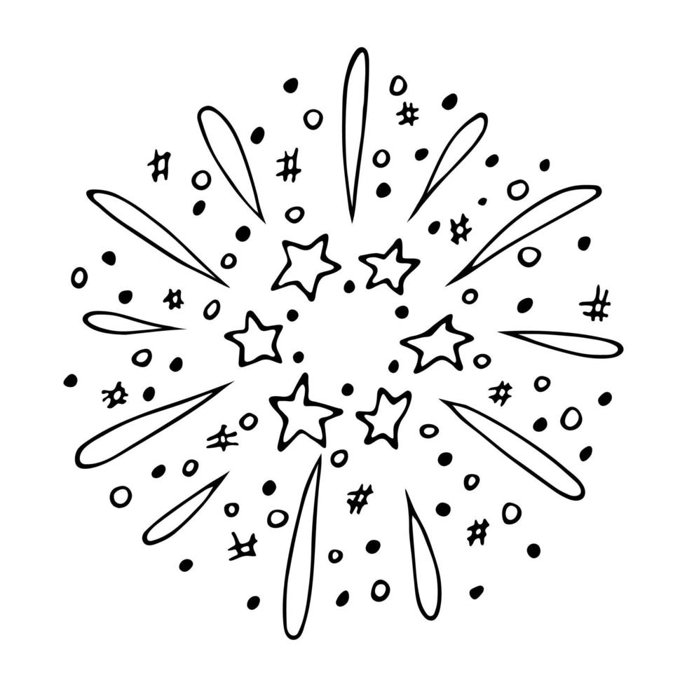 vetor de fogos de artifício desenhados à mão. ilustração de fogos de artifício doodle bonito isolada no fundo branco. para cartões, impressão, web, design, decoração.