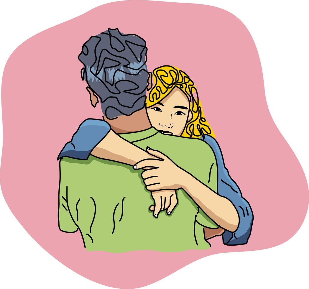 ilustração de arte de linha - uma mulher feliz romântica abraça seu parceiro. ilustrações de design de vetor de estilo desenhado à mão.