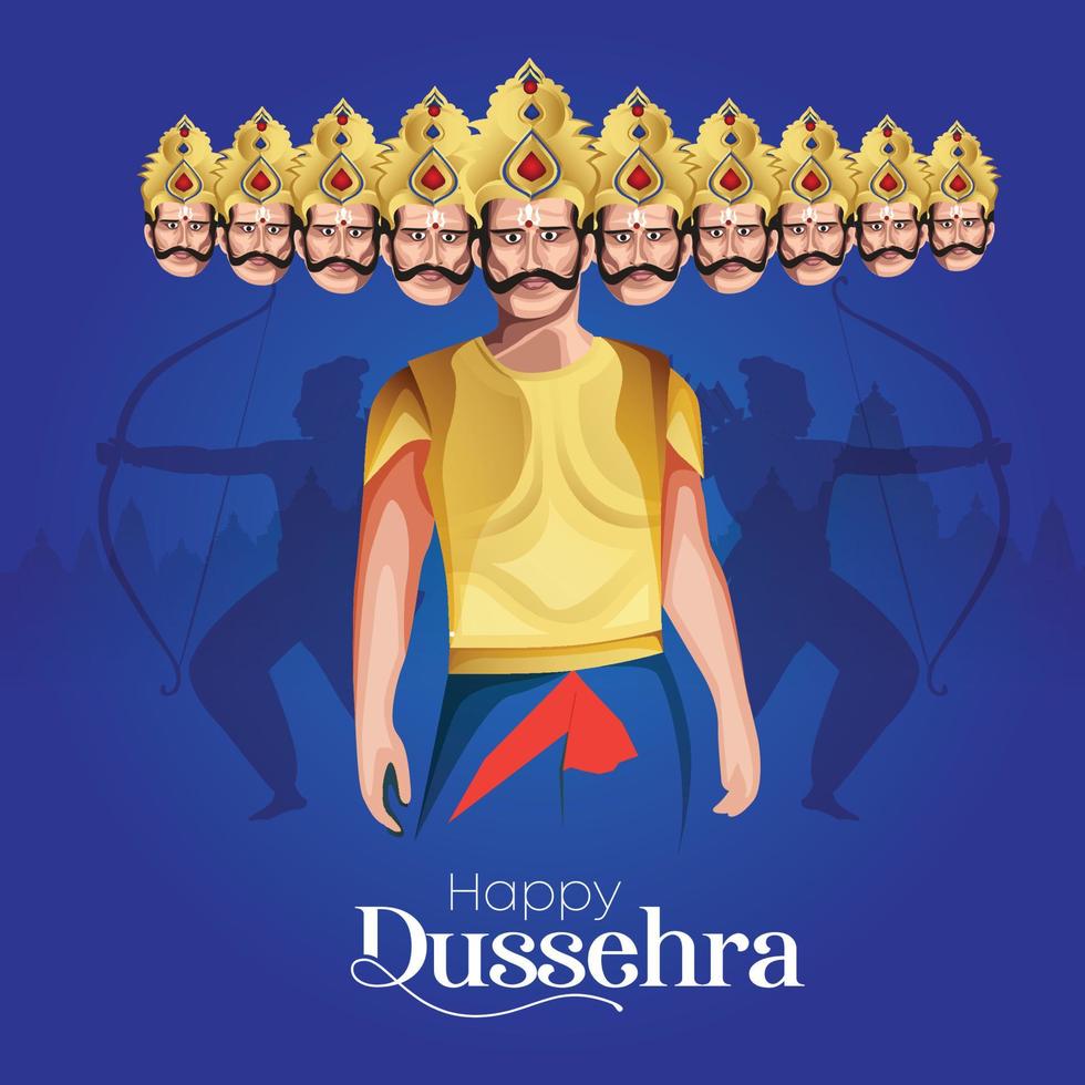 texto de dussehra feliz com uma ilustração da seta de arco do senhor rama e fundo do templo para o festival indiano dussehra vetor