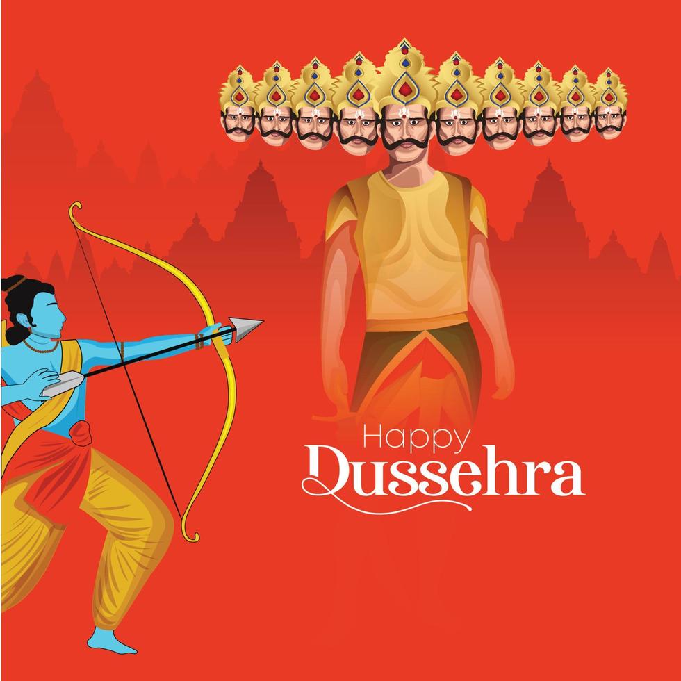 texto de dussehra feliz com uma ilustração da seta de arco do senhor rama e fundo do templo para o festival indiano dussehra vetor