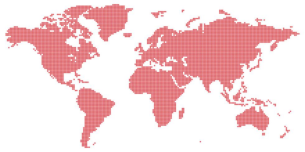Vetor de mapa mundo com redondos coloridos vermelhos pontilhada