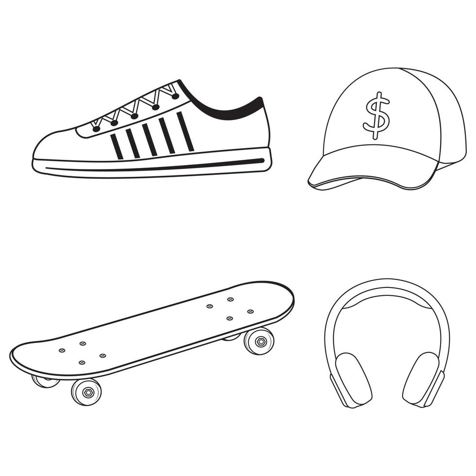 conjunto de boné de skatista, skate, fones de ouvido, tênis, contorno preto, ilustração isolada em um fundo branco vetor