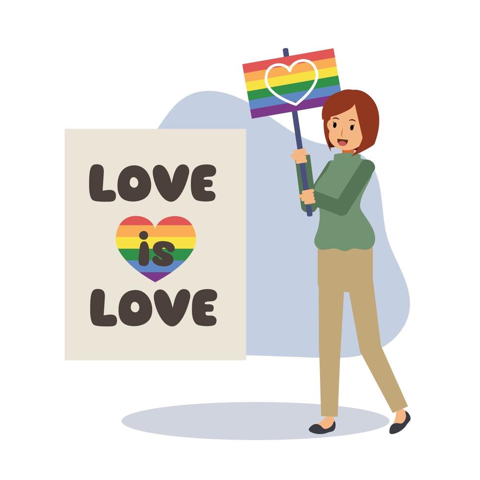 uma mulher segura cartazes com arco-íris lgbt e símbolo transgênero, comemore o mês do orgulho, direitos humanos. igualdade e ilustração de personagem de desenho animado vetorial homosexuality.flat. vetor