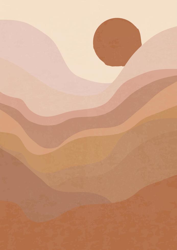 abstrato paisagem contemporânea com nascer do sol. decoração de parede boho. ilustração vetorial de impressão de arte minimalista moderna plana de meados do século para decoração de parede, galeria em casa, cartão postal, capa de folheto vetor