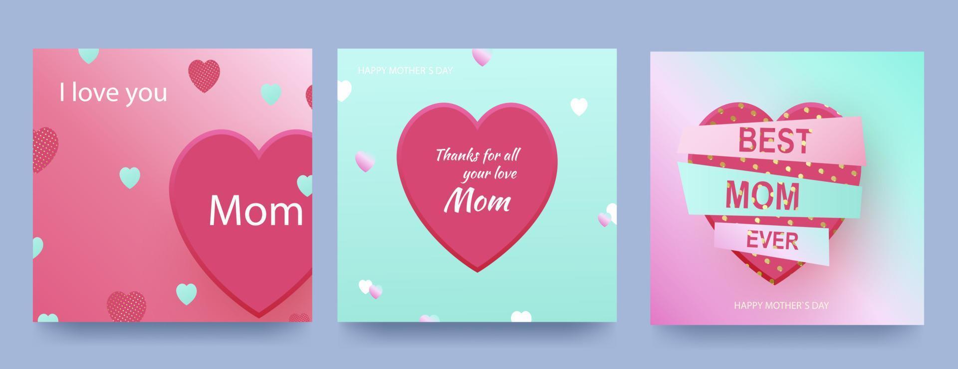 conjunto de cartões para o dia das mães com corações rosa em um gradiente background.vector coração em forma de símbolos de amor para design de cartão de feliz dia das mães. vetor