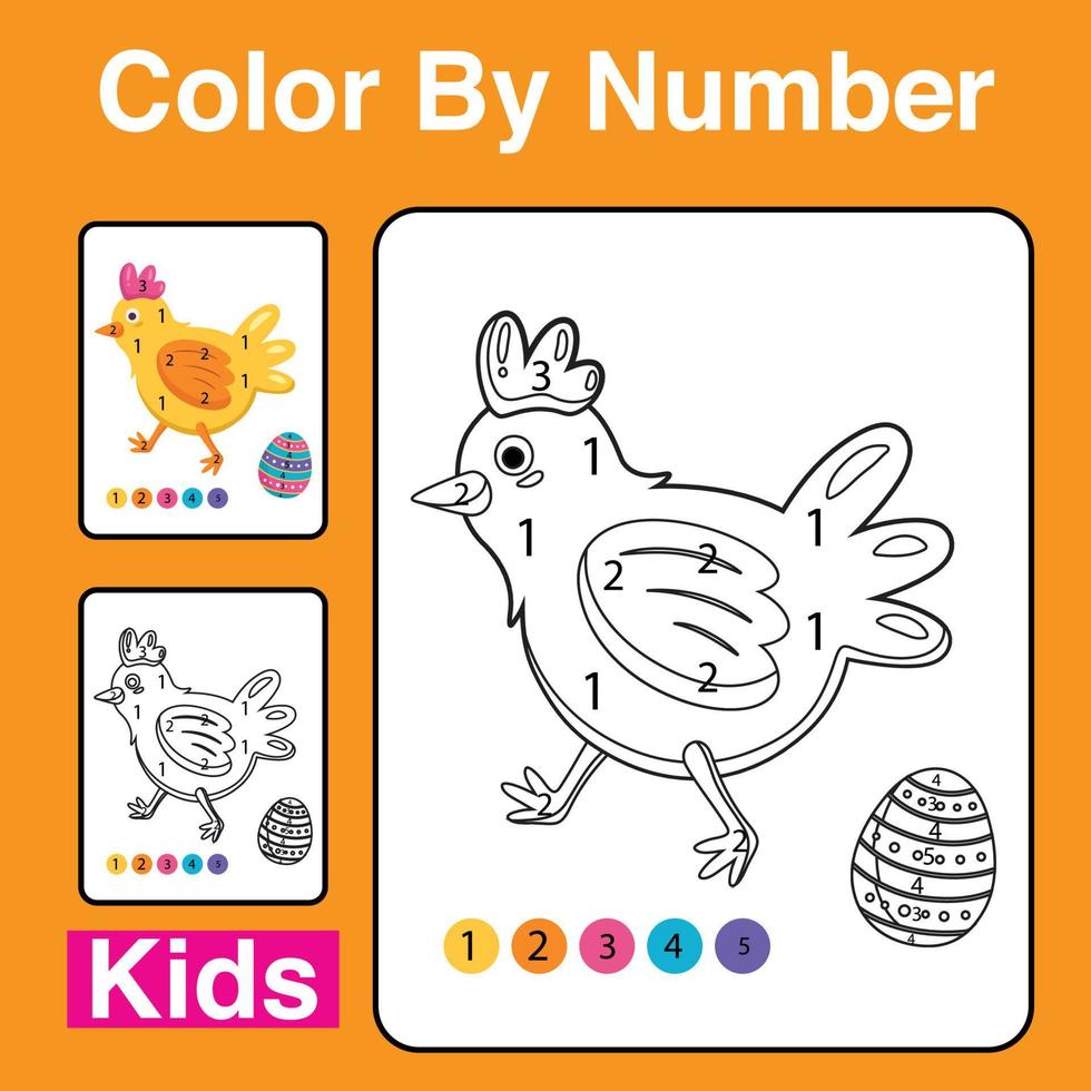 imprima a cor dos ovos de galinha de acordo com o número de livros de colorir para crianças. jogo de quebra-cabeça de páscoa para crianças. jogo para impressão de ilustração vetorial dos desenhos animados para crianças. vetor