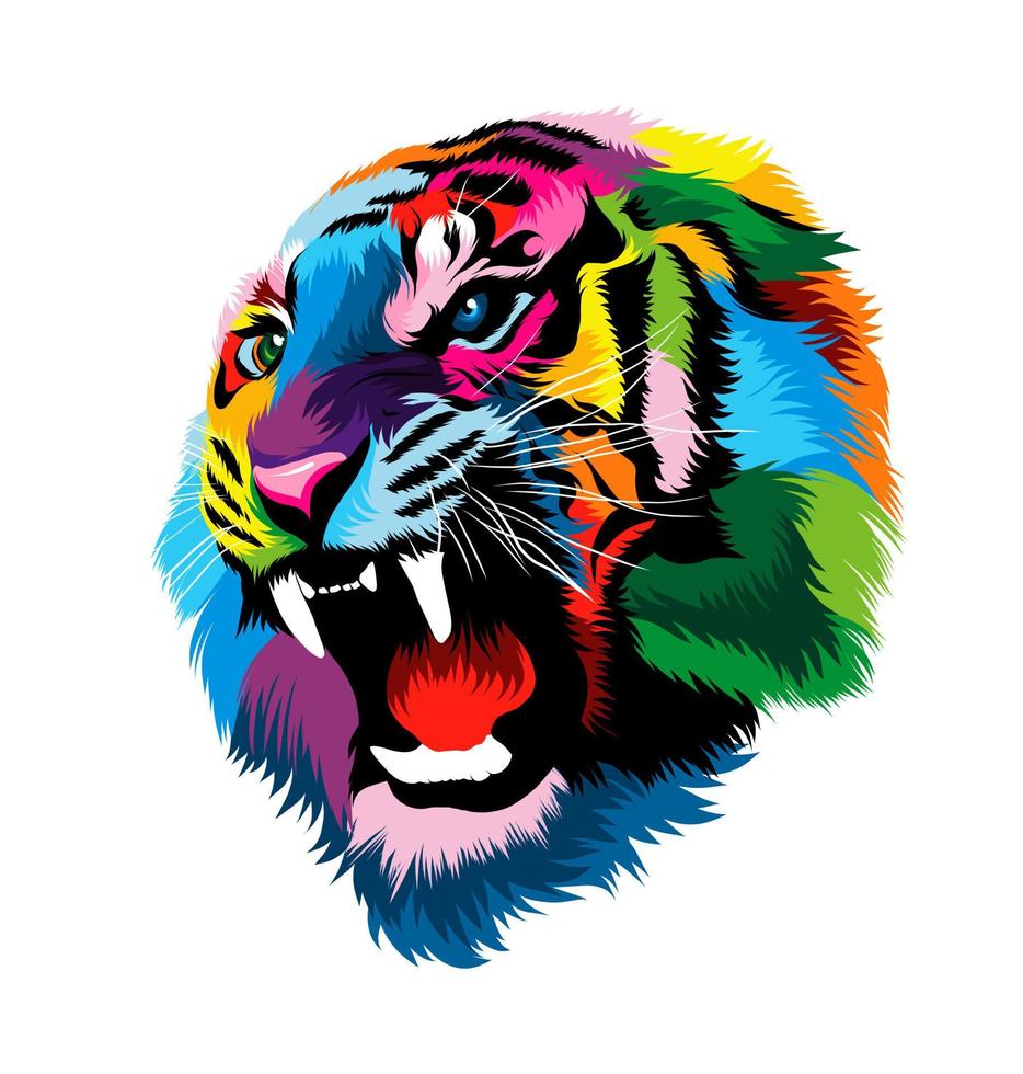 retrato de cabeça de tigre abstrato, sorriso de tigre, tigre furioso de tintas multicoloridas. desenho colorido. ilustração vetorial de tintas vetor