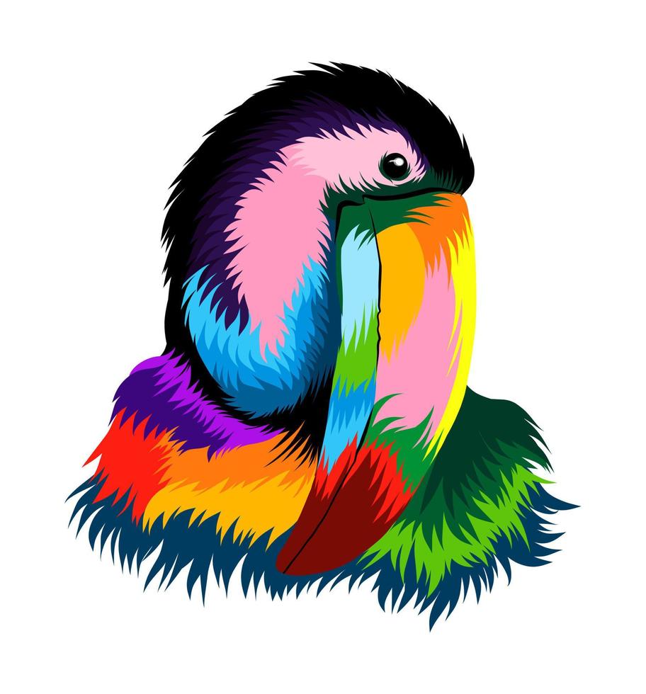retrato abstrato de cabeça de tucano, pássaro tropical de tintas multicoloridas. desenho colorido. ilustração vetorial de tintas vetor