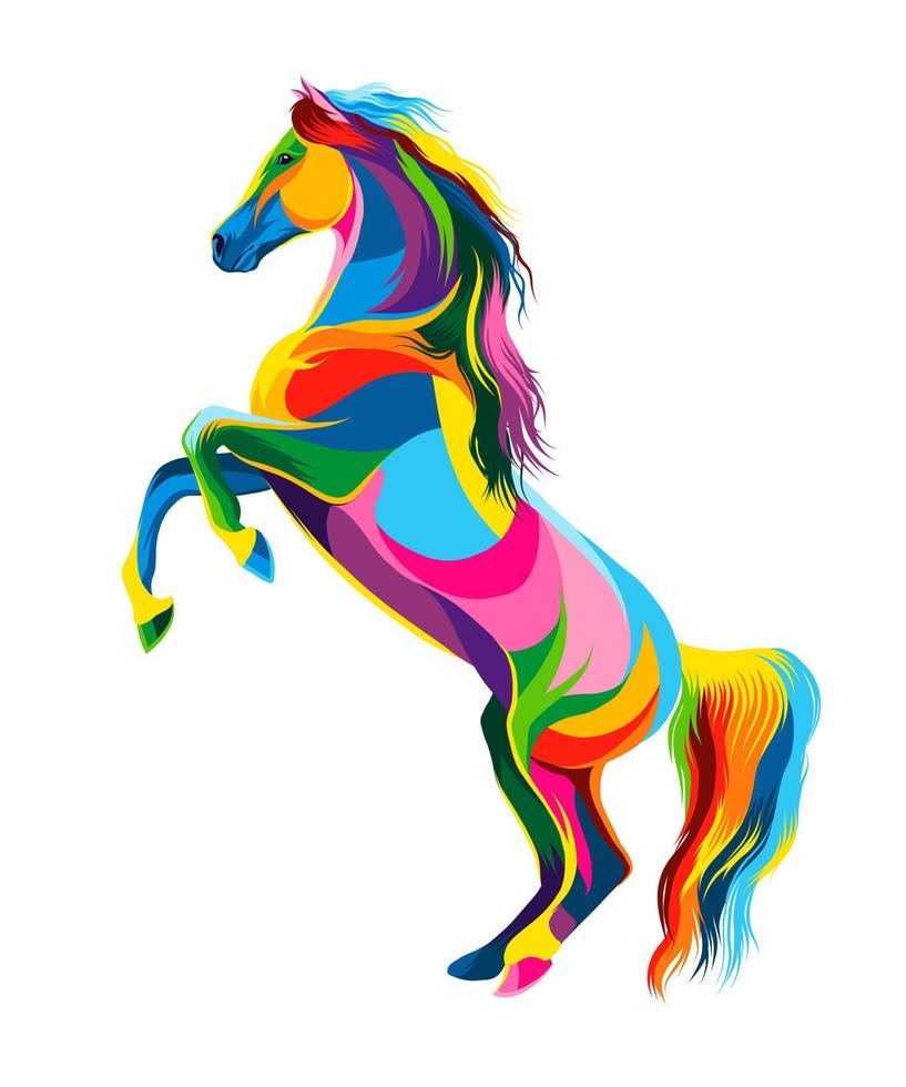 cavalo abstrato empinando, cavalo correndo a galope de tintas multicoloridas. desenho colorido. ilustração vetorial de tintas vetor