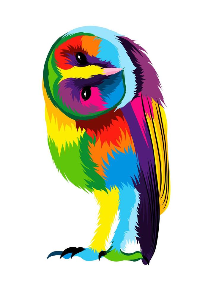coruja de celeiro abstrata, coruja de orelhas compridas, coruja de águia de tintas multicoloridas. desenho colorido. ilustração vetorial de tintas vetor