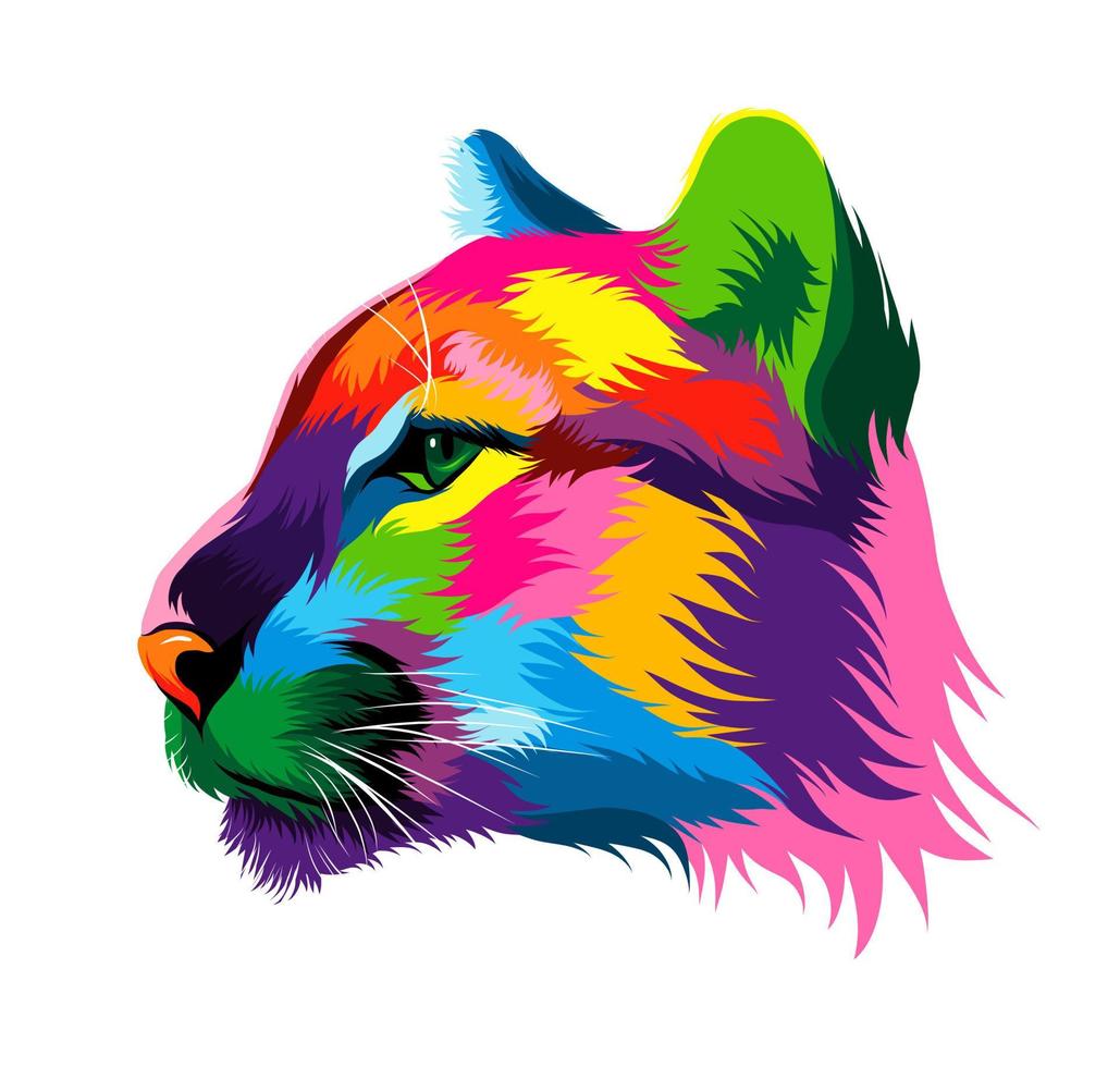 puma abstrato, retrato de cabeça de puma de tintas multicoloridas. desenho colorido. ilustração vetorial de tintas vetor