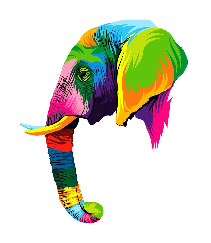 retrato abstrato de cabeça de elefante de tintas multicoloridas. desenho colorido. ilustração vetorial de tintas vetor