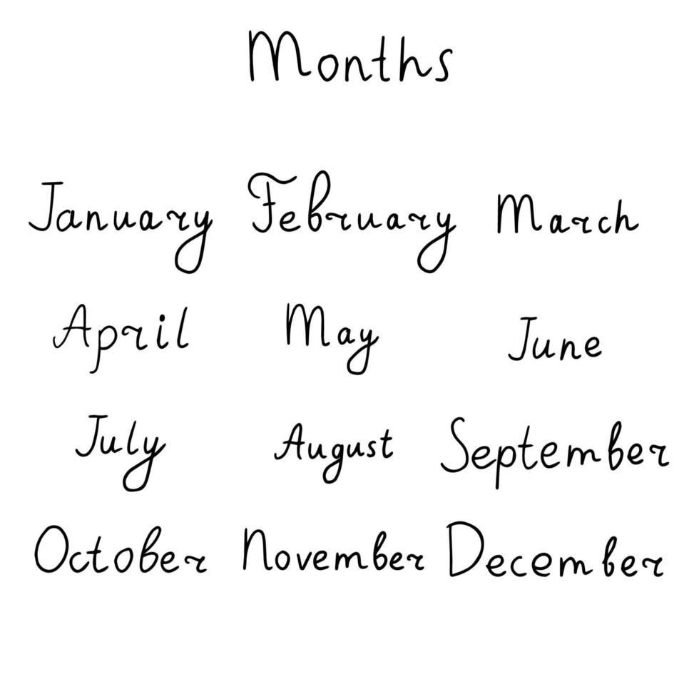 texto de doodle desenhado de mão bonito dos meses do ano isolado no fundo branco. letras do calendário. vetor