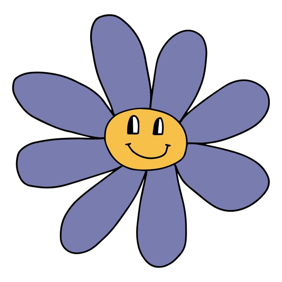 hippie de flor sorridente groovy. impressão de flor de margarida retrô de sorriso positivo dos anos 70. vetor