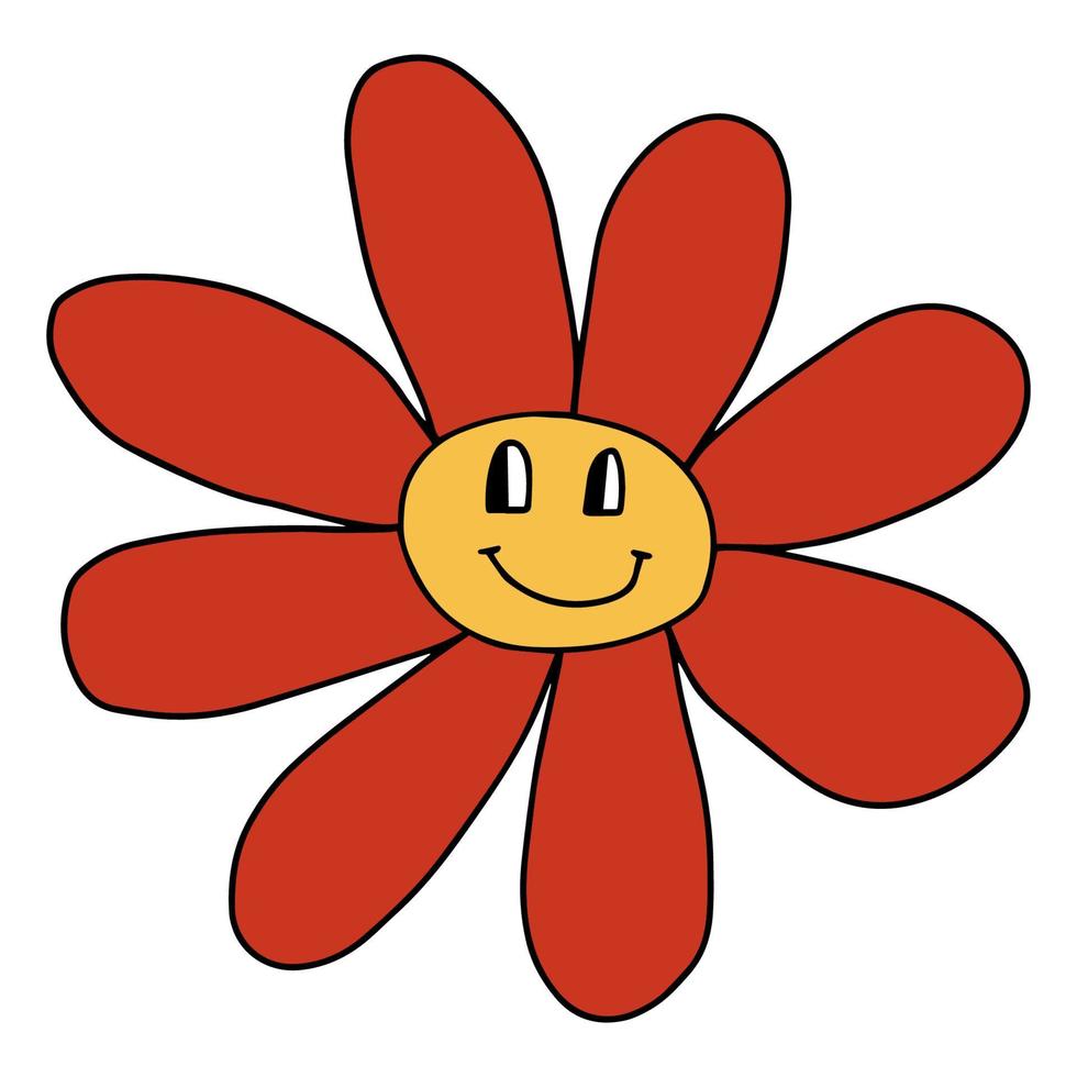 hippie de flor sorridente groovy. impressão de flor de margarida retrô de sorriso positivo dos anos 70. vetor