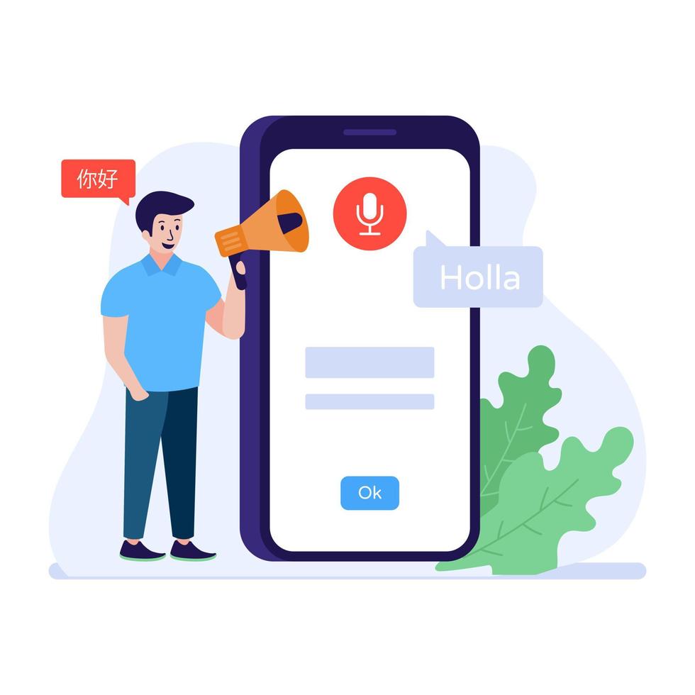 microfone dentro do celular, ilustração de personagem de tradução de voz vetor