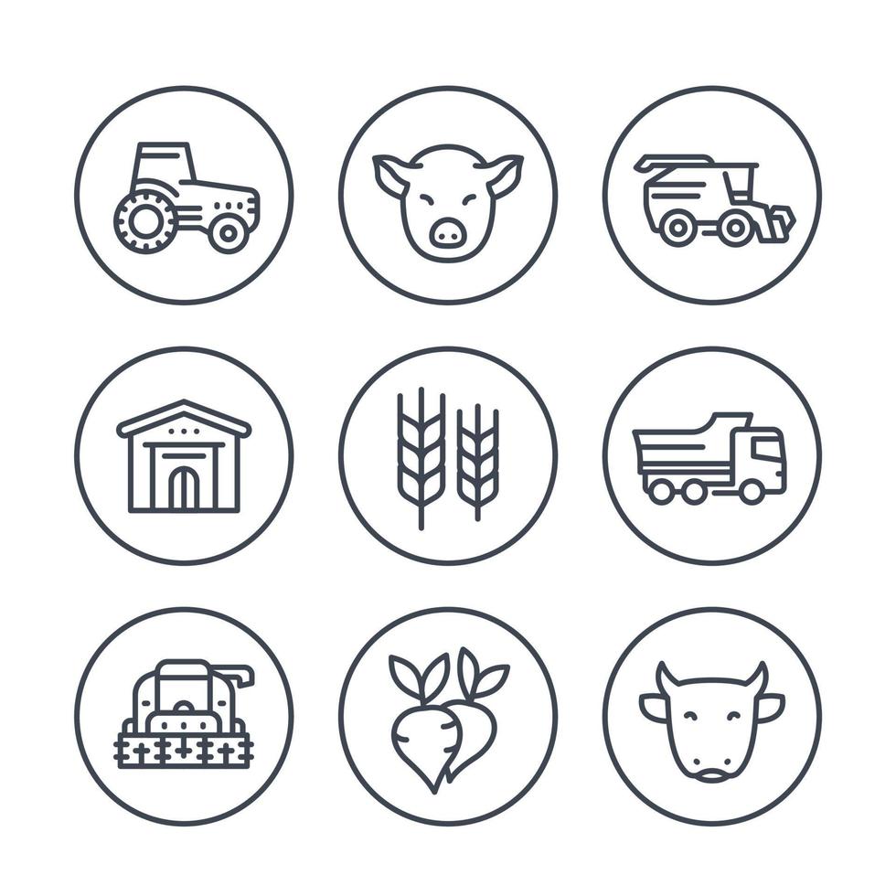 ícones de linha de agricultura e agricultura em círculos sobre branco, trator, agromotor, colheita, gado, máquinas agrícolas, colheitadeira, celeiro vetor
