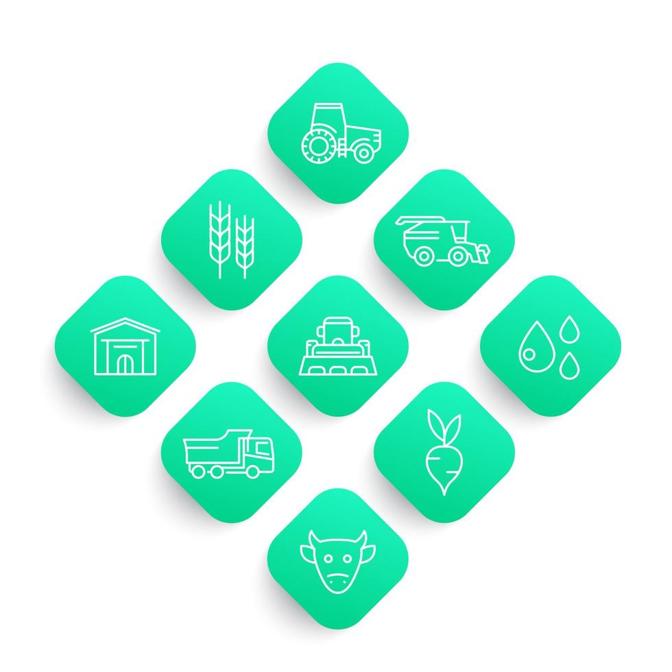 agricultura, conjunto de ícones de linha agrícola, trator, agromotor, colheita, gado, armazenamento, colheitadeira vetor