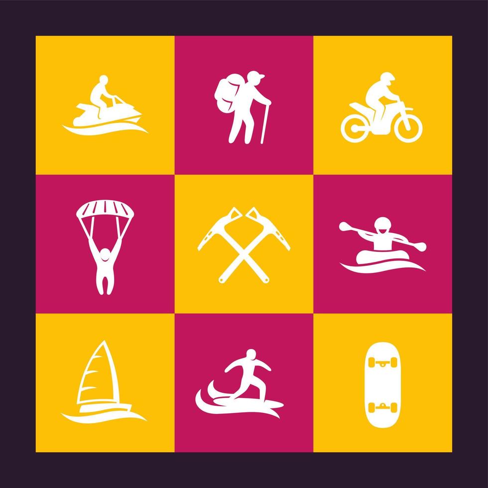 conjunto de ícones de atividades ao ar livre extremas, pára-quedismo, rafting, montanhismo, surf vetor