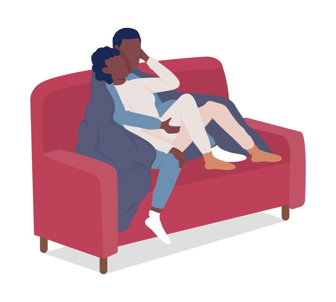 casal sentado no sofá personagens vetoriais de cores semi planas vetor