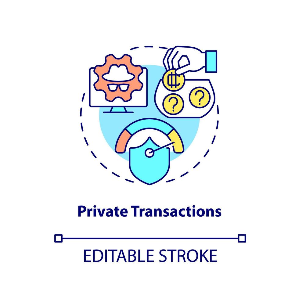 ícone do conceito de transações privadas. ilustração de linha fina de idéia abstrata de borda competitiva de criptomoeda. moedas de privacidade. desenho de contorno isolado. traço editável. arial, uma miríade de fontes pró-negrito usadas vetor