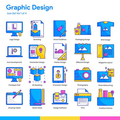 Conjunto de ícones do Design gráfico. Estilo de linha e cor plana. Vetor eps 10