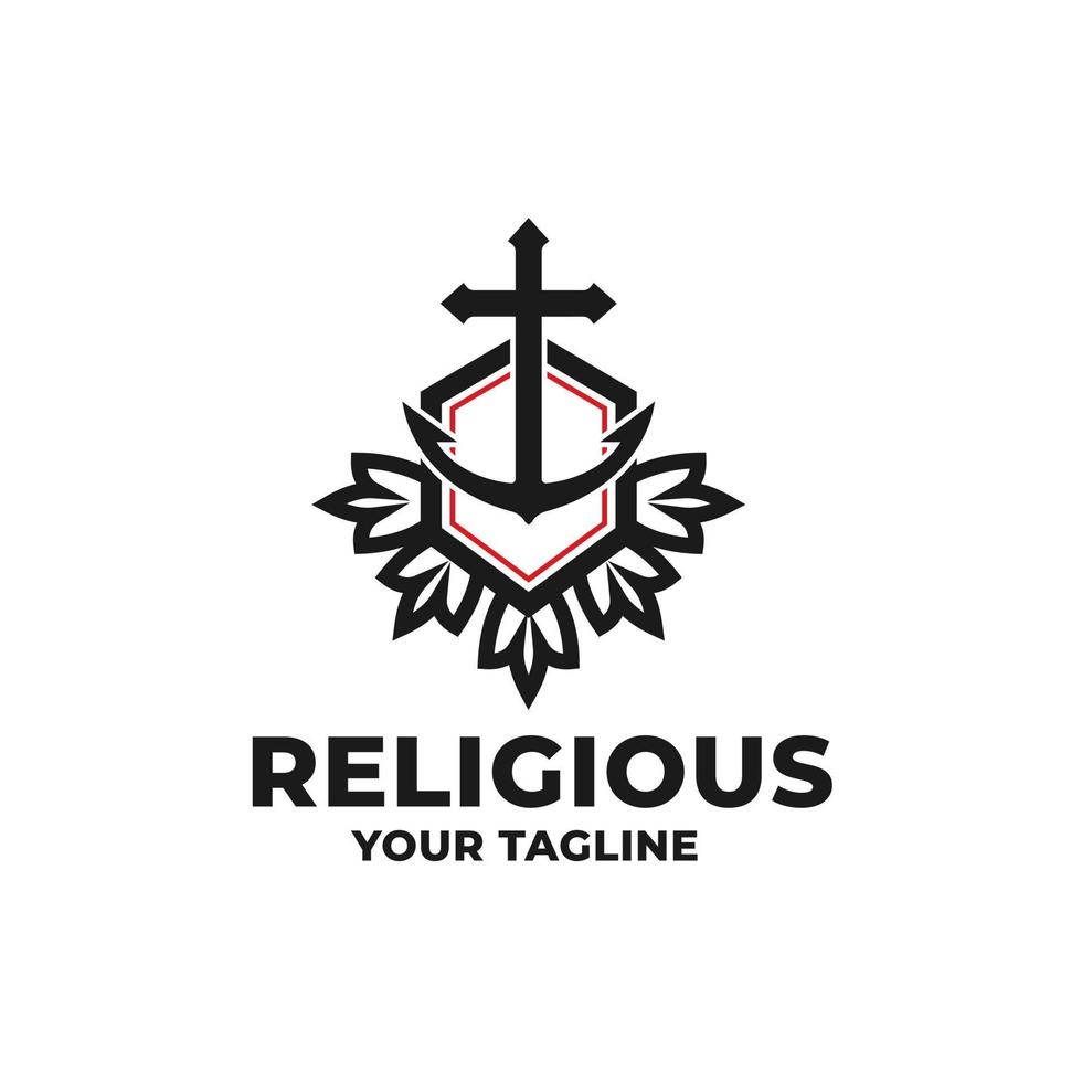 logotipo de âncora e escudo, símbolo da igreja, cruz, flor, modelo, ilustração de design religioso vetor