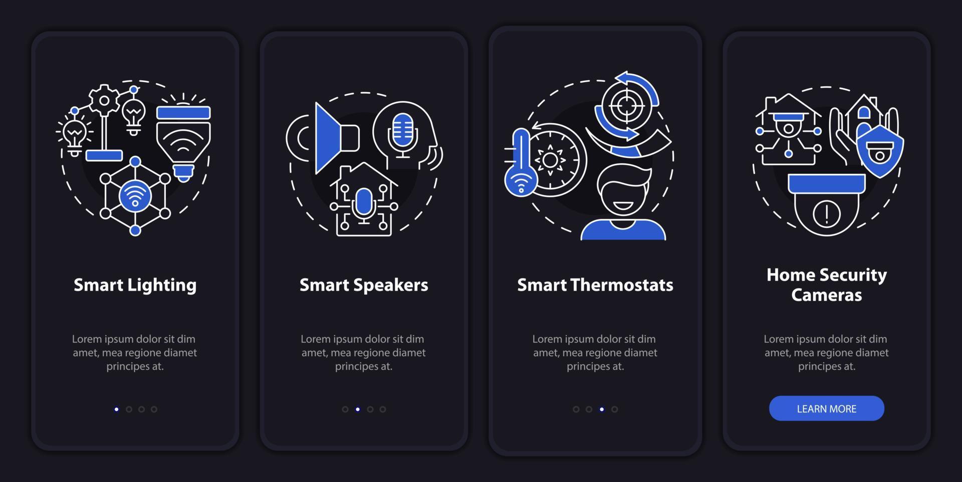 gadgets de casa inteligente modo noturno integrando a tela do aplicativo móvel. passo a passo 4 passos páginas de instruções gráficas com conceitos lineares. ui, ux, modelo de gui. uma miríade de fontes regulares pró-negrito usadas vetor