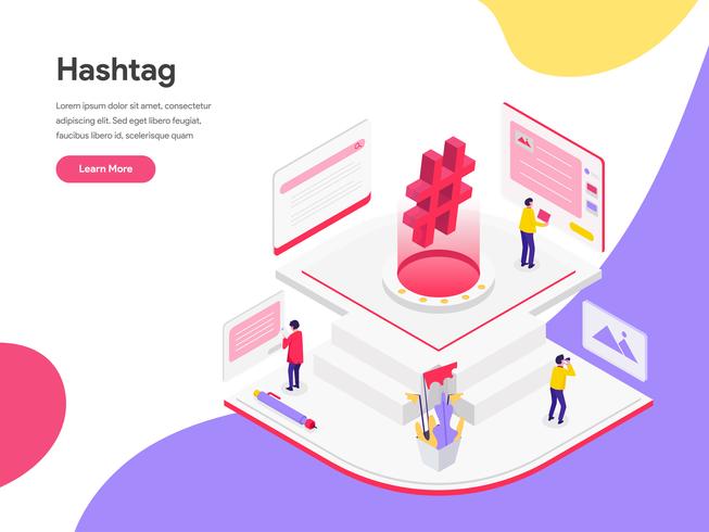 Molde da página da aterrissagem do conceito isométrico da ilustração de Hashtags dos meios sociais. Conceito de design plano isométrico de design de página da web para o site e site móvel. vetor