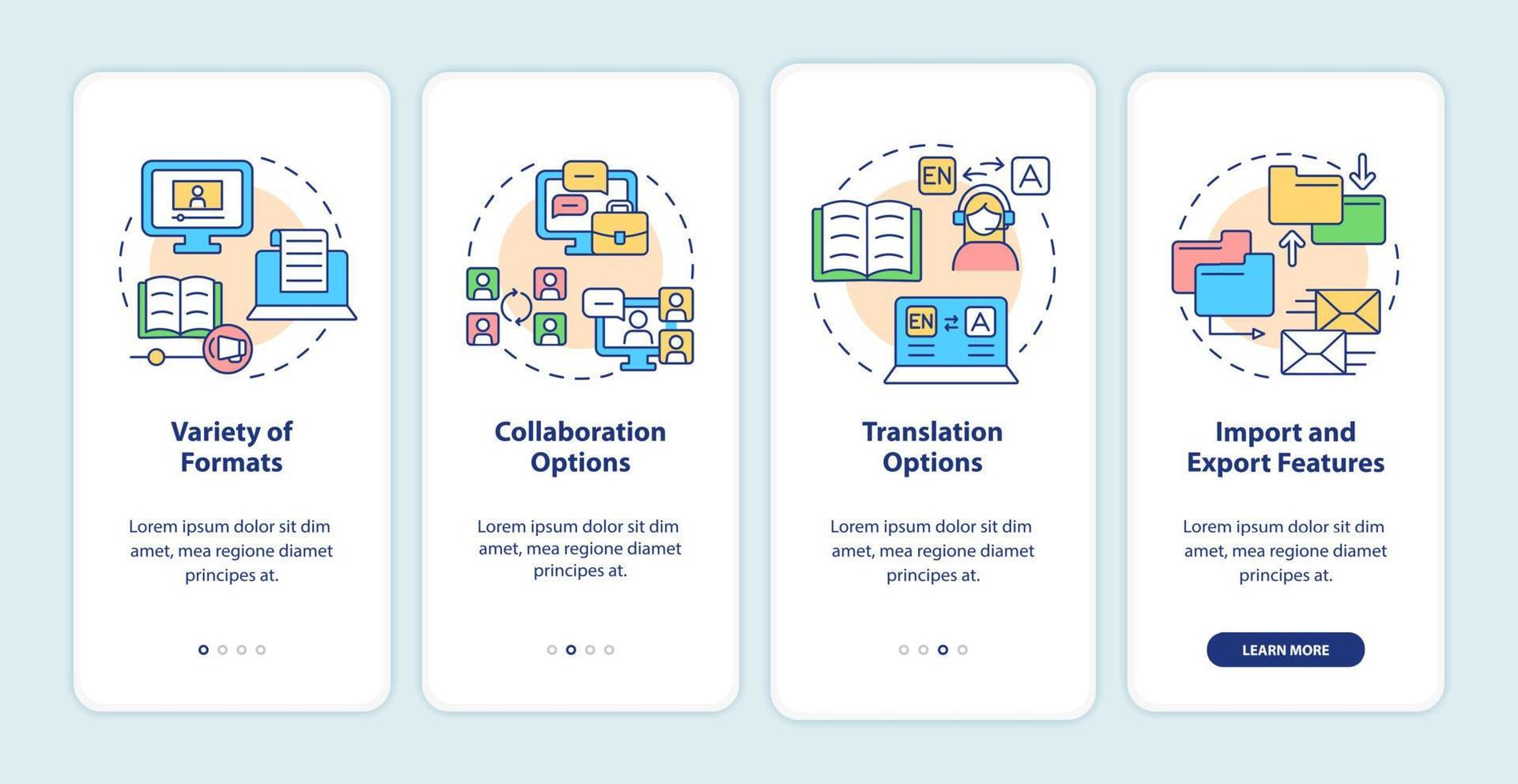 As plataformas de elearning apresentam tela de aplicativo móvel integrada. passo a passo 4 passos páginas de instruções gráficas com conceitos lineares. ui, ux, modelo de gui. uma miríade de fontes regulares pró-negrito usadas vetor