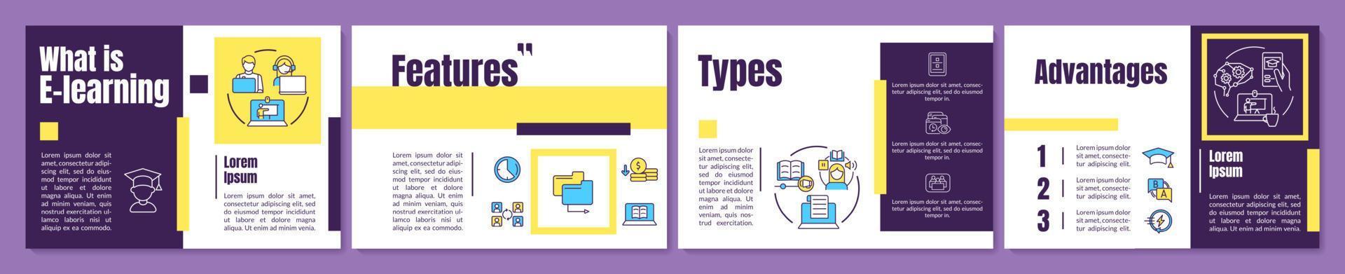 o que é modelo de folheto roxo e amarelo elearning. estudando on-line. design de impressão de livreto com ícones lineares. layouts vetoriais para apresentação, relatórios anuais, anúncios. anton, fontes lato-regulares usadas vetor