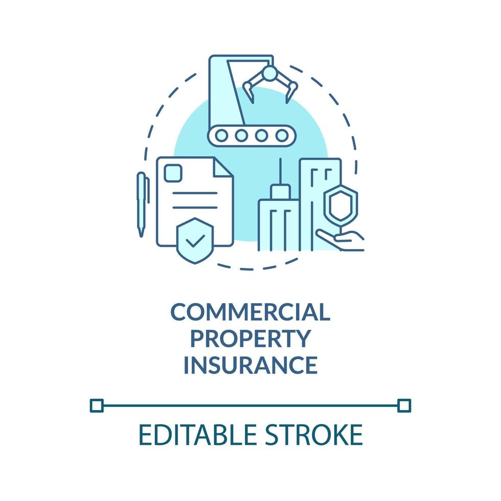 ícone de conceito turquesa de seguro de propriedade comercial. ilustração de linha fina de idéia abstrata imobiliária. desenho de contorno isolado. traço editável. roboto-medium, inúmeras fontes pró-negrito usadas vetor