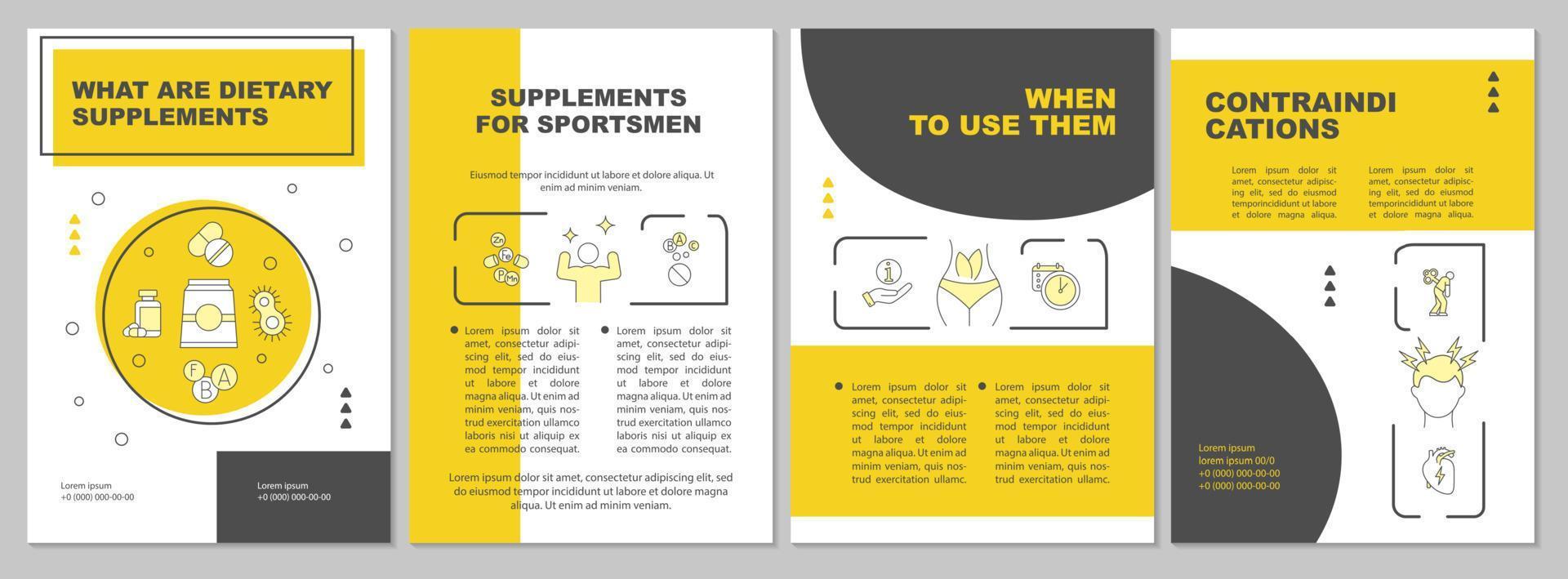 modelo de folheto amarelo de suplementos alimentares. estilo de vida adequado. design de impressão de livreto com ícones lineares. layouts vetoriais para apresentação, relatórios anuais, anúncios. arial, uma miríade de fontes pró-regulares usadas vetor