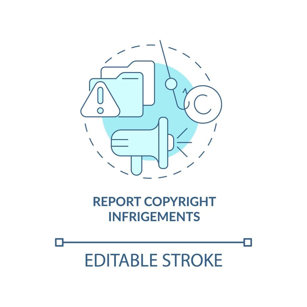 ícone de conceito azul de violação de direitos autorais de relatório. ilustração de linha fina de idéia abstrata de proteção de conteúdo. apresentação de reclamação de direitos autorais. desenho de cor de contorno isolado de vetor. traço editável vetor