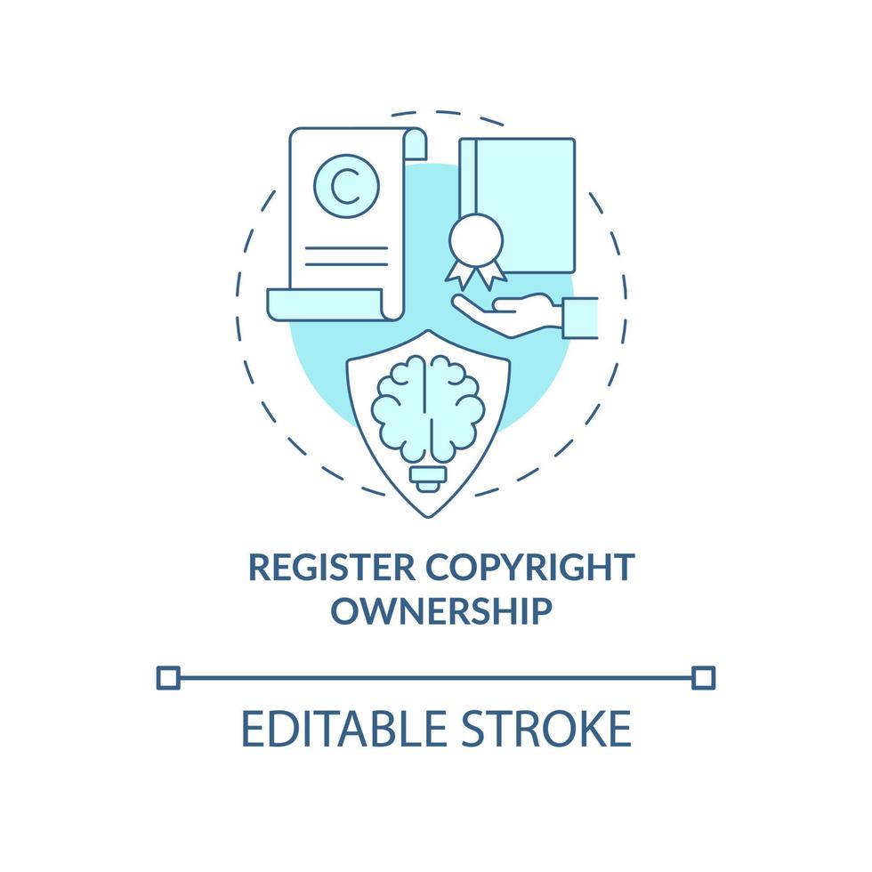 registrar o ícone de conceito azul de propriedade de direitos autorais. ilustração de linha fina de idéia abstrata de proteção de conteúdo. direito exclusivo no trabalho. desenho de cor de contorno isolado de vetor. traço editável vetor