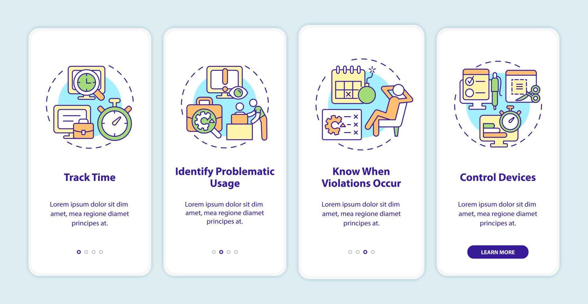 benefícios do monitoramento de funcionários na tela da página do aplicativo móvel. acompanhamento de trabalho passo a passo instruções gráficas de 4 etapas com conceitos. modelo de vetor ui, ux, gui com ilustrações coloridas lineares