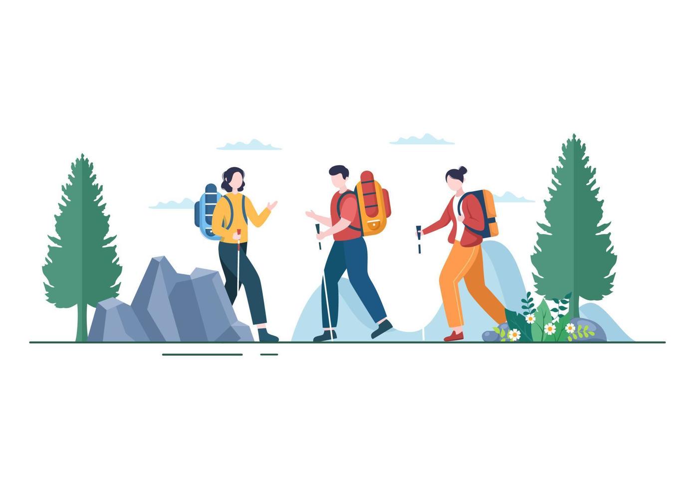 passeio de aventura sobre o tema de escalada, trekking, caminhadas, caminhadas ou férias com vista para a floresta e a montanha em ilustração de cartaz de fundo de natureza plana vetor